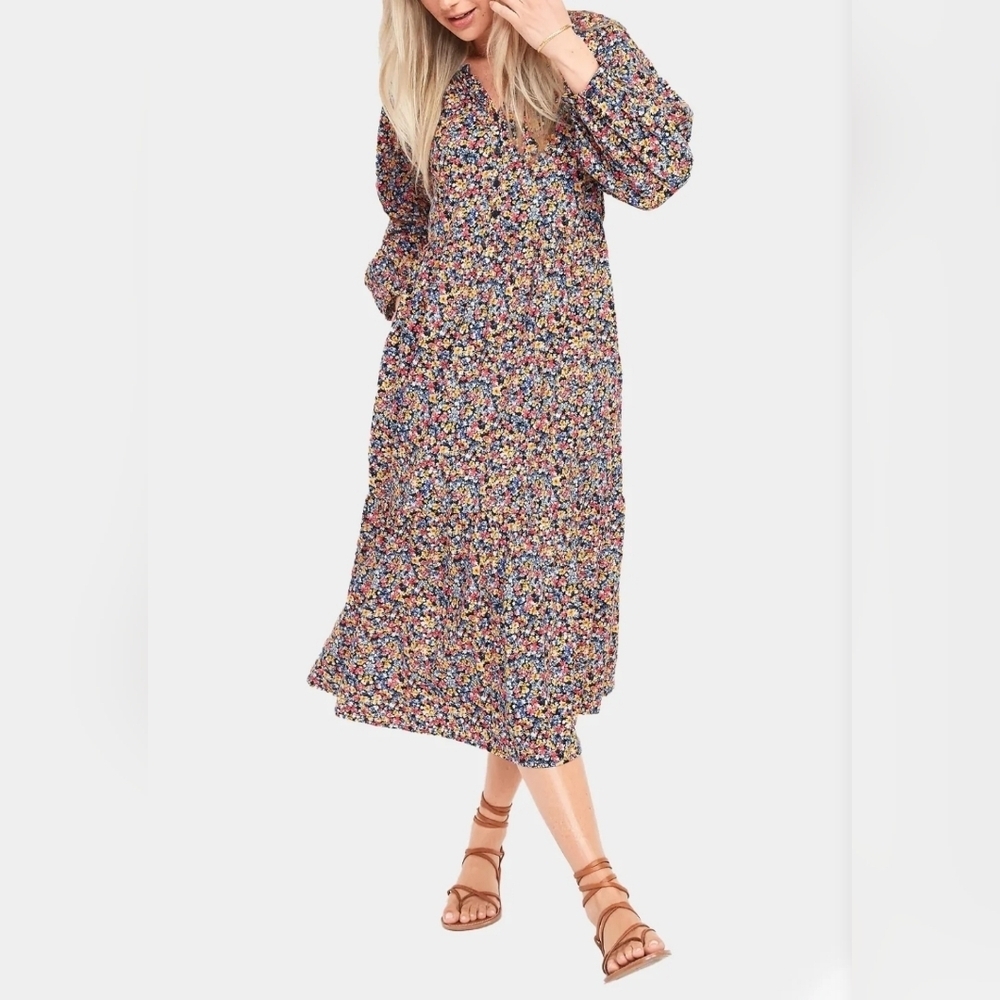 Old Navy Floral Printed Tiered Midi Swing floral flattering Feminine Dress size